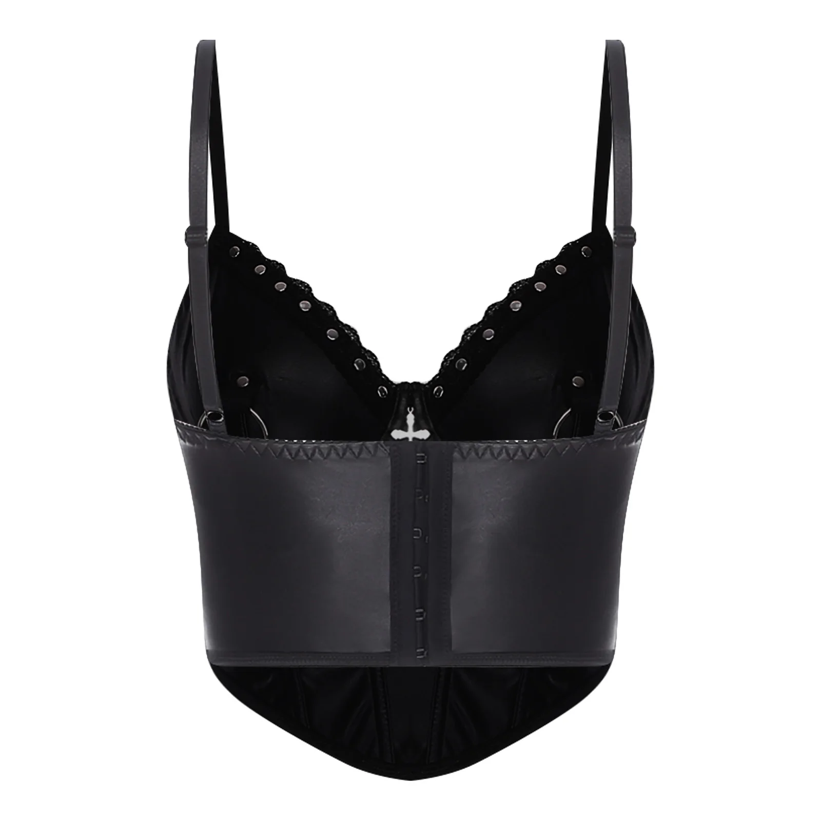 Women Cool Punk PU Leather Corset Bustier Rivets Cross And O-ring Decor Push-up Bra Boned Cropped Camisole Gothic Party Bar Tops