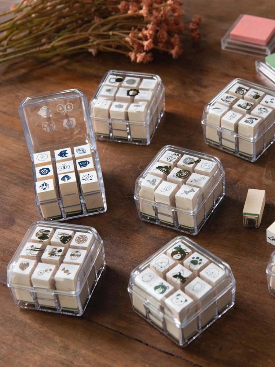 9pcs/set Japan Beverly Mini Wooden Stamp Planner Stamps Scrapbook Journal Book Seal