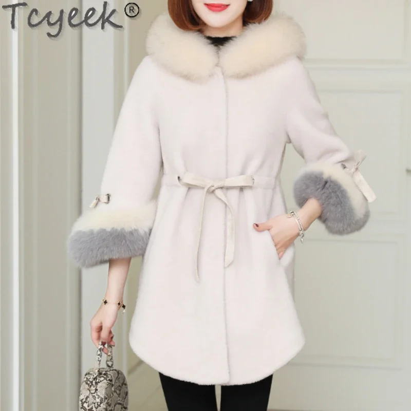 

Tcyeek Real Fur Wool Coat Women Fox Fur Collar Grain Sheep Shearling Coat Long Elegant Lady Outwear Casacos De Inverno Feminino