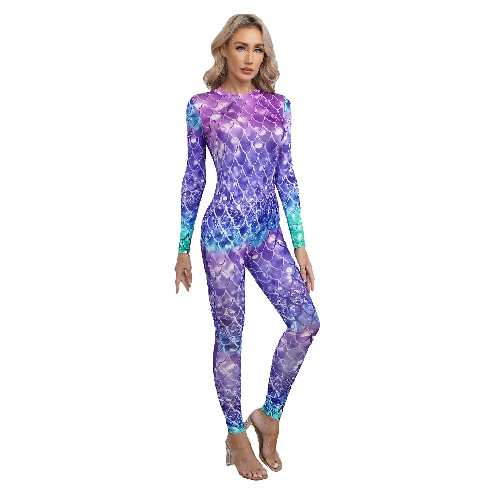 Womens Rash Guard One Piece Swimsuit Mermaid Fish Scale Print Long Sleeve Back Zipper Full Body Tops Sexy Swimwear Jumpsuit