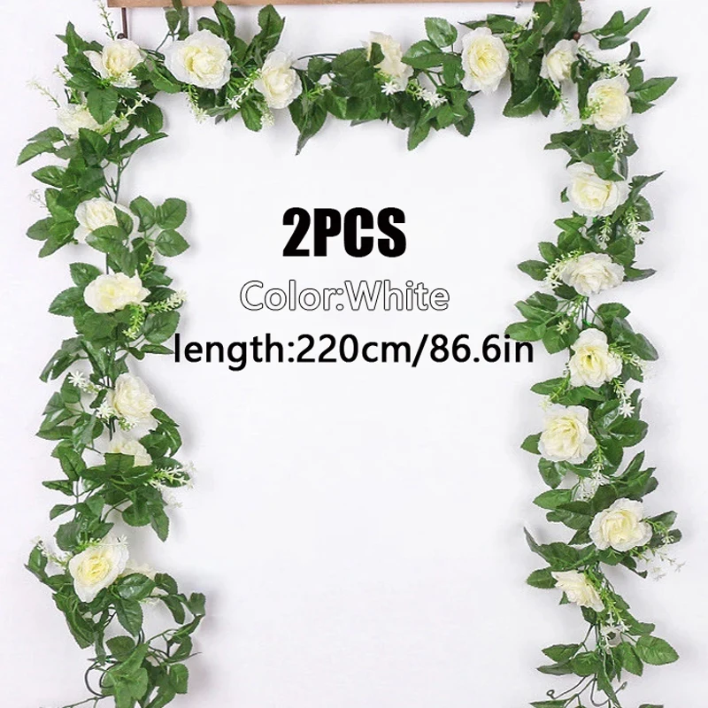 2Pcs Artificial White Flower Fake Rose Hanging 2.2M Vines Plants Leaves Artificials Garland Flowers Wedding Party Decoration