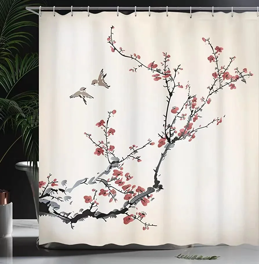 Shower Curtains Flowers White Background Pring Floral Plant Creative Art Waterproof Fabric Bathroom Decor Screens Set With Hooks