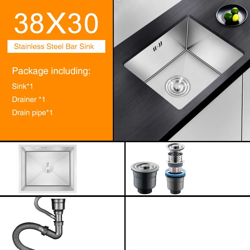 Imagem -05 - Stainless Steel Kitchen Sink Small Black Bar Sink Single Bowl Home Improvement Drenar Acessórios Undermount 38x30cm 304