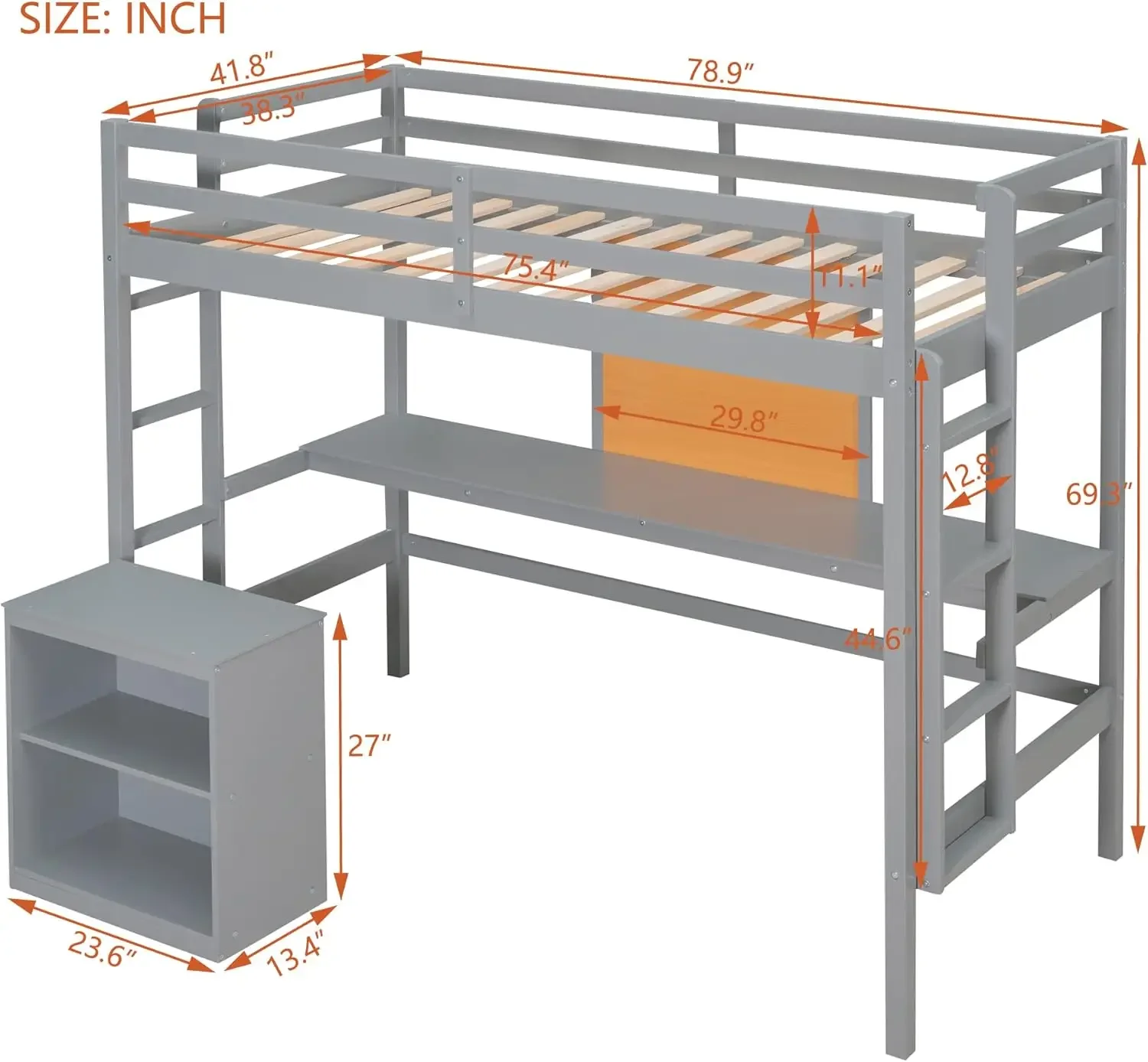 Size Loft Bed with Desk and Writing Board,Wooden LoftBed Frame with Desk & 2 Drawers Cabinet,for Kids,Boys,Girls,Teens,Gray