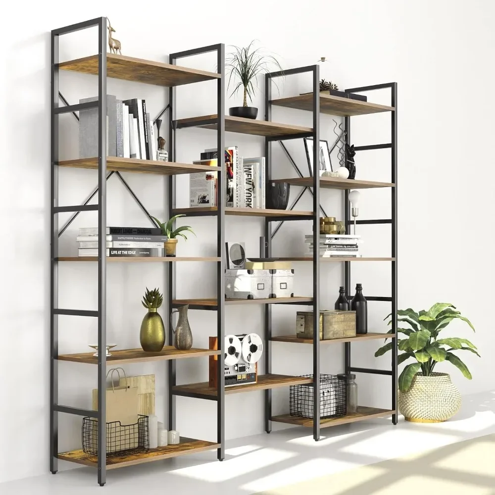 Brown Triple Wide 5-Tier Bookshelf Prefabricated Warehouse Wood and Metal Etagere Bookcase for Home Office Shelf Display Stand