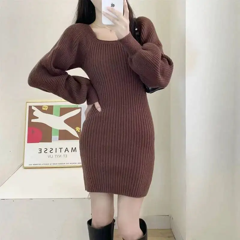 

Korean Square Collar Knitted Dress For Women Fashion Puff Sleeve Bodycon Mini Dresses Female Solid Color Basic Sweater Vestidos