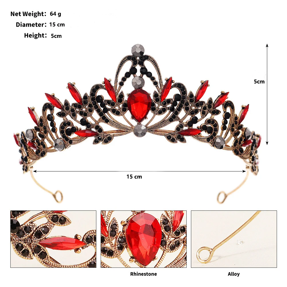 تاج الزفاف الباروكي الكلاسيكي الأسود لوكس كريستال - غطاء رأس التاج الملكي لحفلات الزفاف وحفلات أعياد الميلاد والمناسبات الرسمية