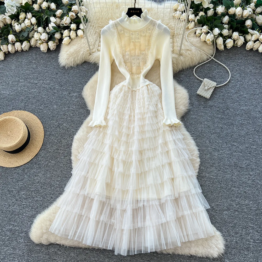 

Women Kintted Dresses Sequins Dress Tulle Long Sleeve Stand Collar Ankle Length Elastic Waist Elegant Casual 2025 Autumn Winter