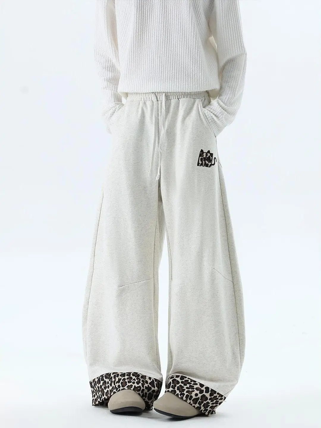 

Широкие повседневные брюки унисекс с леопардовым принтом и пэчворком в американском стиле, свободного кроя, для уличных танцев, в стиле хип-хоп