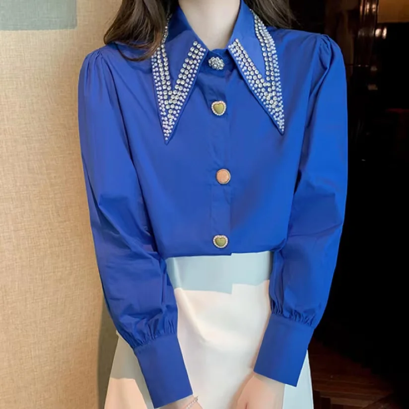 Beaded Diamonds Women Shirts and Blouses 2024 Spring New Solid Color Long-Sleeve Office Lady Work Shirts Outwear Tops