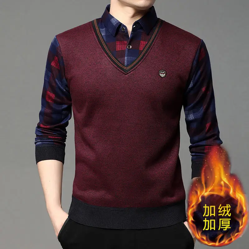 Herren-Langarmshirts mit Fleecefutter, Fake-Two-in-One-Strickhemden, gepunkteter Hemdkragen, V-Ausschnitt, entspannte Passform, warme Oberteile. – Detail 14