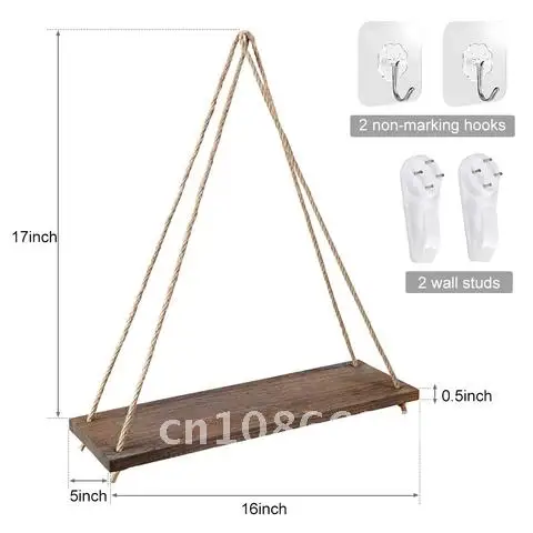 Wooden Wall Mounted Plant Flower Swing Shelf for Bedroom Home Decoration Hanging Rope Shelves