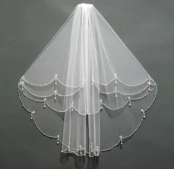 Beading borda véu para casamento, nupcial véu curto, duas camadas, comprimento do cotovelo, branco marfim, véus de noiva