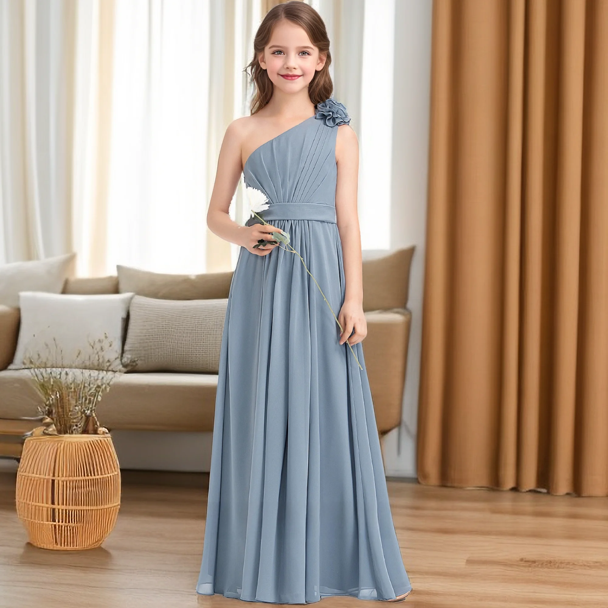 One-Shoulder Chiffon Junior Bridesmaid Dress For Children Festivity Celebration Wedding Ceremony Prom Night Ball-Gown Banquet