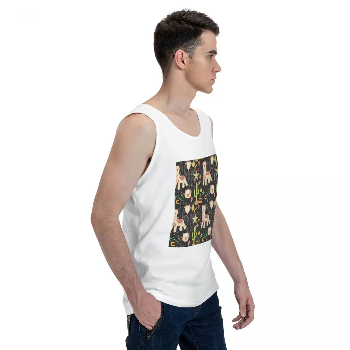 Cute Cactus Alpaca Pattern 100% Cotton Men's Sweatshirt Vest Sleeveless Clothing Tees Men Tank Tops T-shirt