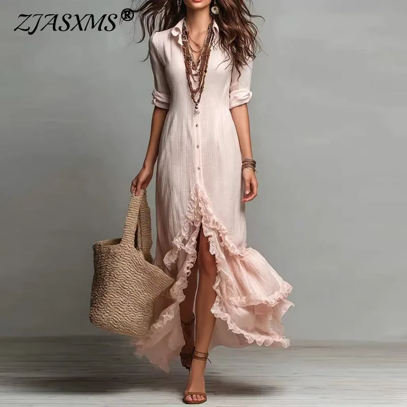 Damen Langarm-Hemdkleid mit Knöpfen, Neues Einfarbiges Rüschenkleid mit Asymmetrischem Saum, Fließendes Maxikleid, Lässiges Strand- und Urlaubskleid im Boho-Stil, A-Linien-Kleid