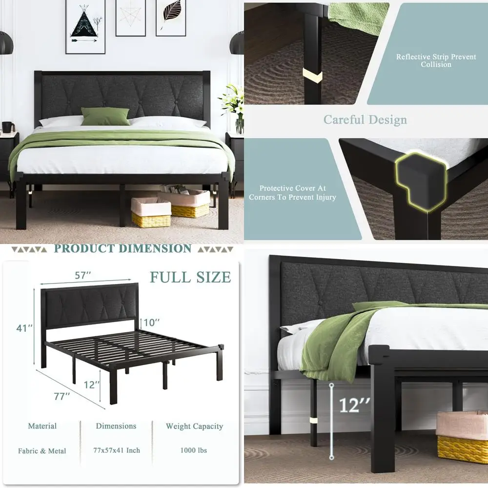 

Full Size Metal Bed Frame with Upholstered Button Tufted Headboard, Platform Bed with Sturdy Metal Slats and 12 Storage Spaces