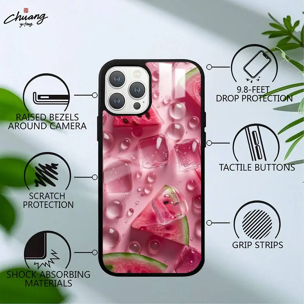 เคสโทรศัพท์ลายผลไม้ฤดูร้อน ANIME สำหรับ iPhone 11 12 13 14 15 16Pro Max Plus คุณภาพสูง เนื้อสัมผัสแบบกระจก