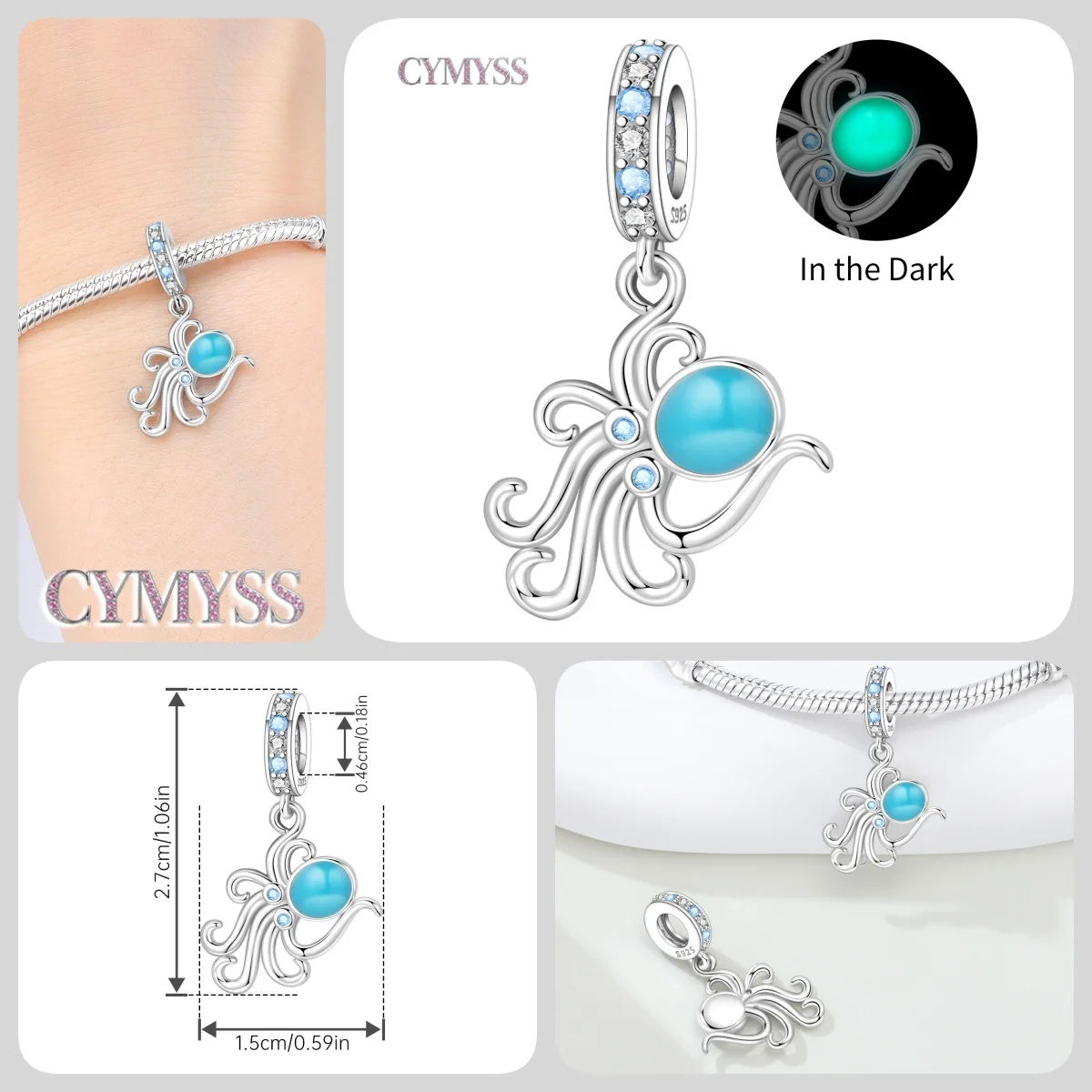 Blue Charm 925 Sterling Silver Ocean Pearls Betta Fish Pendant Birthday Party Gift for Women Bracelet Necklace DIY Beads Jewelry