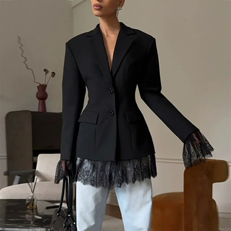 Elegant Temperament Button Office Outerwear Autumn Black Lace Patchwork Blazer Coat Fashion Street Long Sleeved Women's Jacket