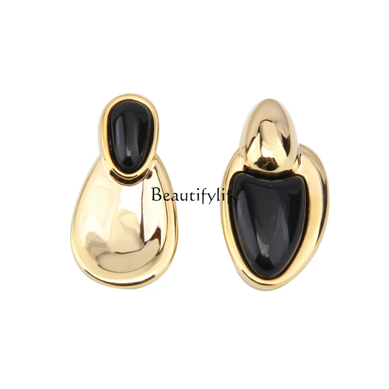 

Advanced sense asymmetrical oval black agate stud earrings temperament large round face suitable earrings