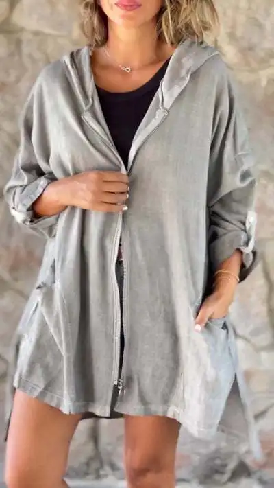 Casual Hooded Jacket Fashion Solid Color Asymmetric Split Jacket Loose Long Sleeved Zipper Top Spring Commuter Women Clothing