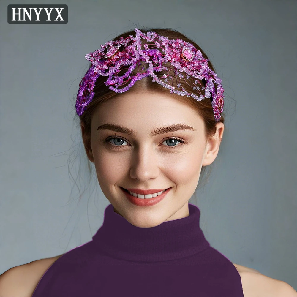 HNYYX Purple Rhinestone Mesh Luxury Headband Women Bride Wedding Party Headwear Fashion Crystal Jewelry Hair Accessories A175