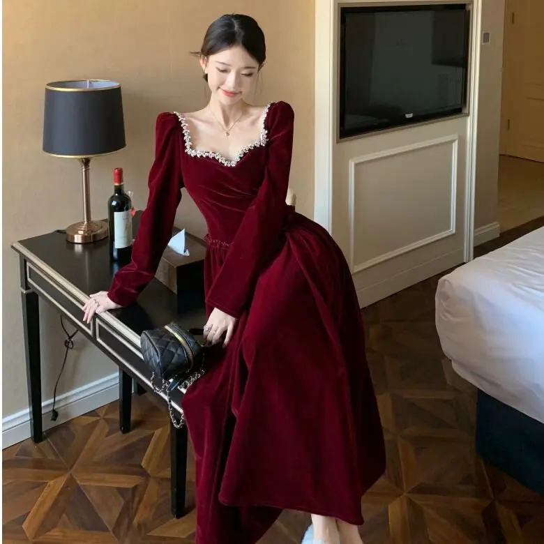 MiiiiX French Retro Velvet Elegant Dress Square Collar Puff Sleeve Loose A-line Long Dress 2024 Plus Size Women's Autumn Clothes