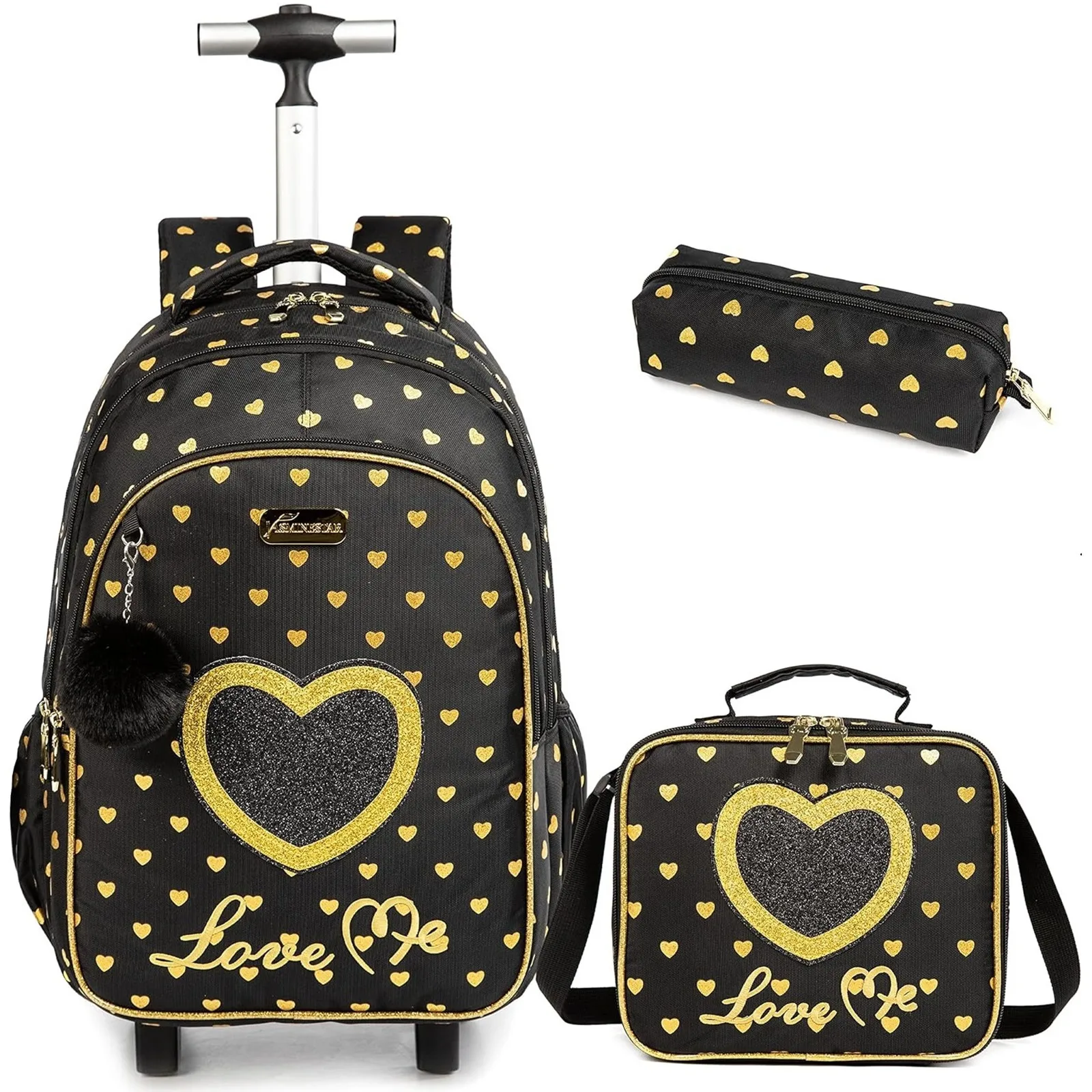 

Kids Rolling Backpack Set with Lunch Box Girls School Trolley Bag Waterproof Lightweight Wheeled Luggage for Elementary Students