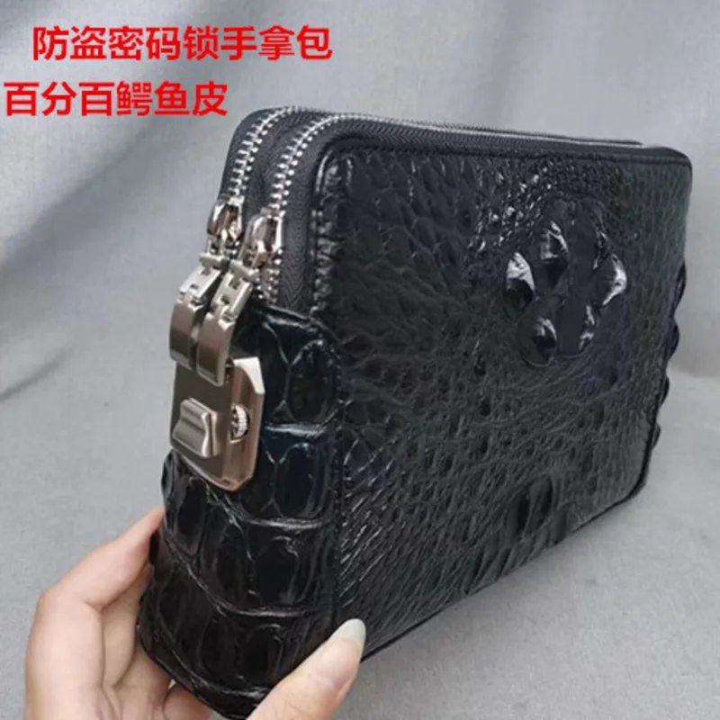 

New Crocodile Large Capacity Casual Real Wallet Mens Double Pull Password Lock Handbag Crocodile Leather Skull Purse Men Wallets