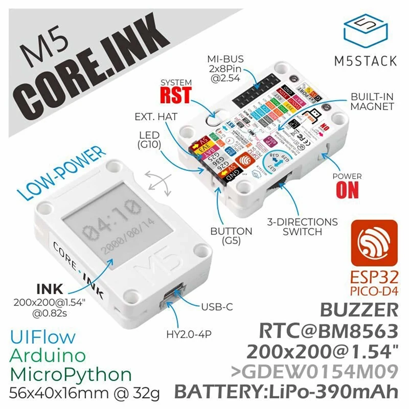 M5Stack M5Stack ESP32 Core Ink Development Kit mit 1,54\