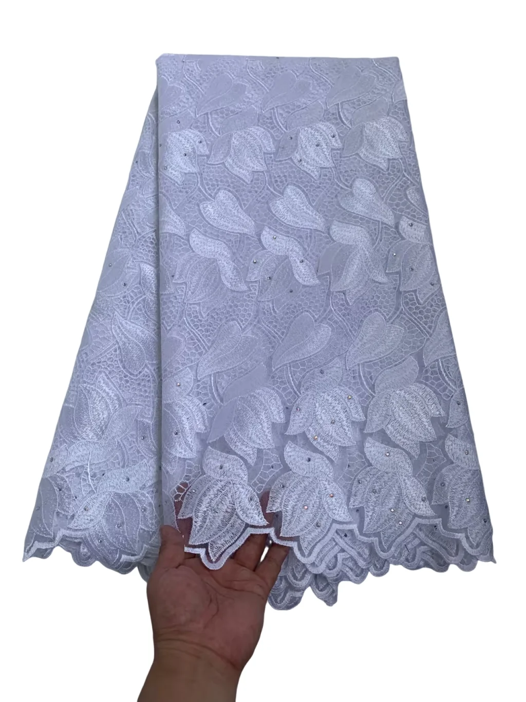 

Hot Sale African Stones Lace Fabric Pure White Embroidered Mesh Trim 5Yards Bridal Gowns & Evening Wear DIY Craft Supplies Sew
