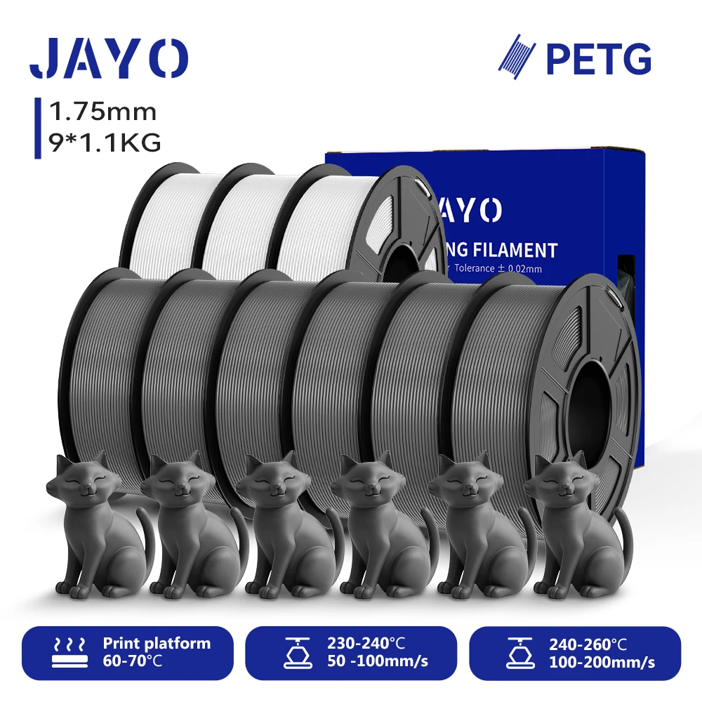 JAYO 9 Rollen 3D PETG/PETG Klares Druckerfilament 1,75 mm ±0,02 mm Hohe Zähigkeit & 100 % ordentlich gewickeltes Filament, passend für 99 % der 3D-FDM-Drucker