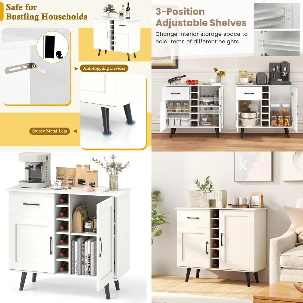 

Белый буфет в стиле фермерского дома со стойкой для вина, ящиком и дверцами для кухни и столовой