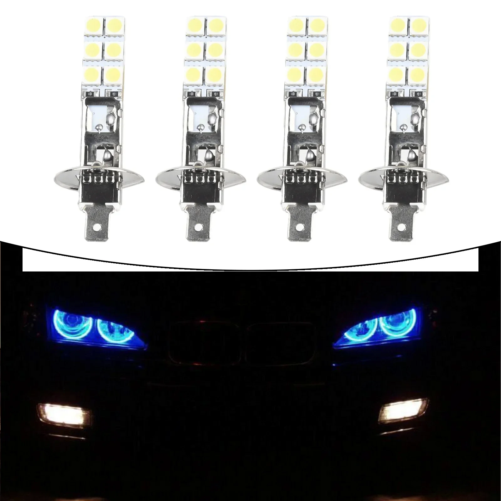 

4Pcs H1 6000K White DC12V-24V LED Headlight Bulbs Kit 12SMD 5050 Fog Driving Light Lamp 360° Beam Angle Accessories