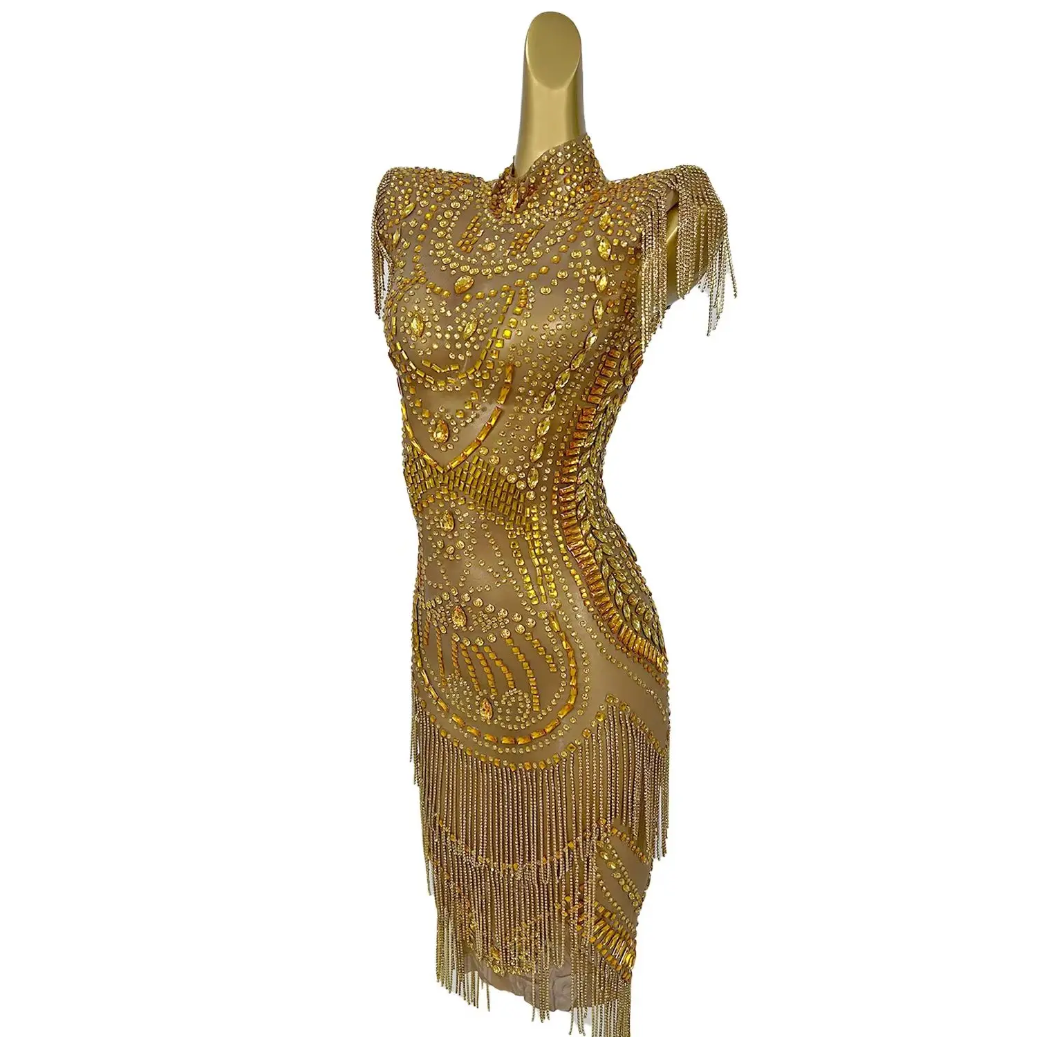 Women Transparent Gold Diamond Party Dress Birthday Luxury Costume Fancy Brilliant Dancer Wedding Dress Impressive Dress Luogu