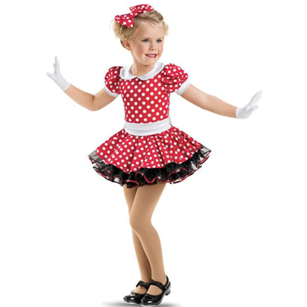 Hairbow Included! Adorable Red & White Polka Dots Dress Cute Dance Costume for Girls