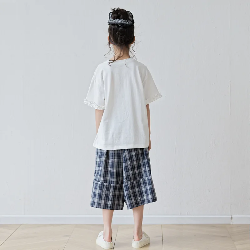 Girls Summer 2pcs Clothes Set Printed Short Sleeve Top Plaid Pants Stylish Casual Outfit For Daily School Outdoor Holiday Wear