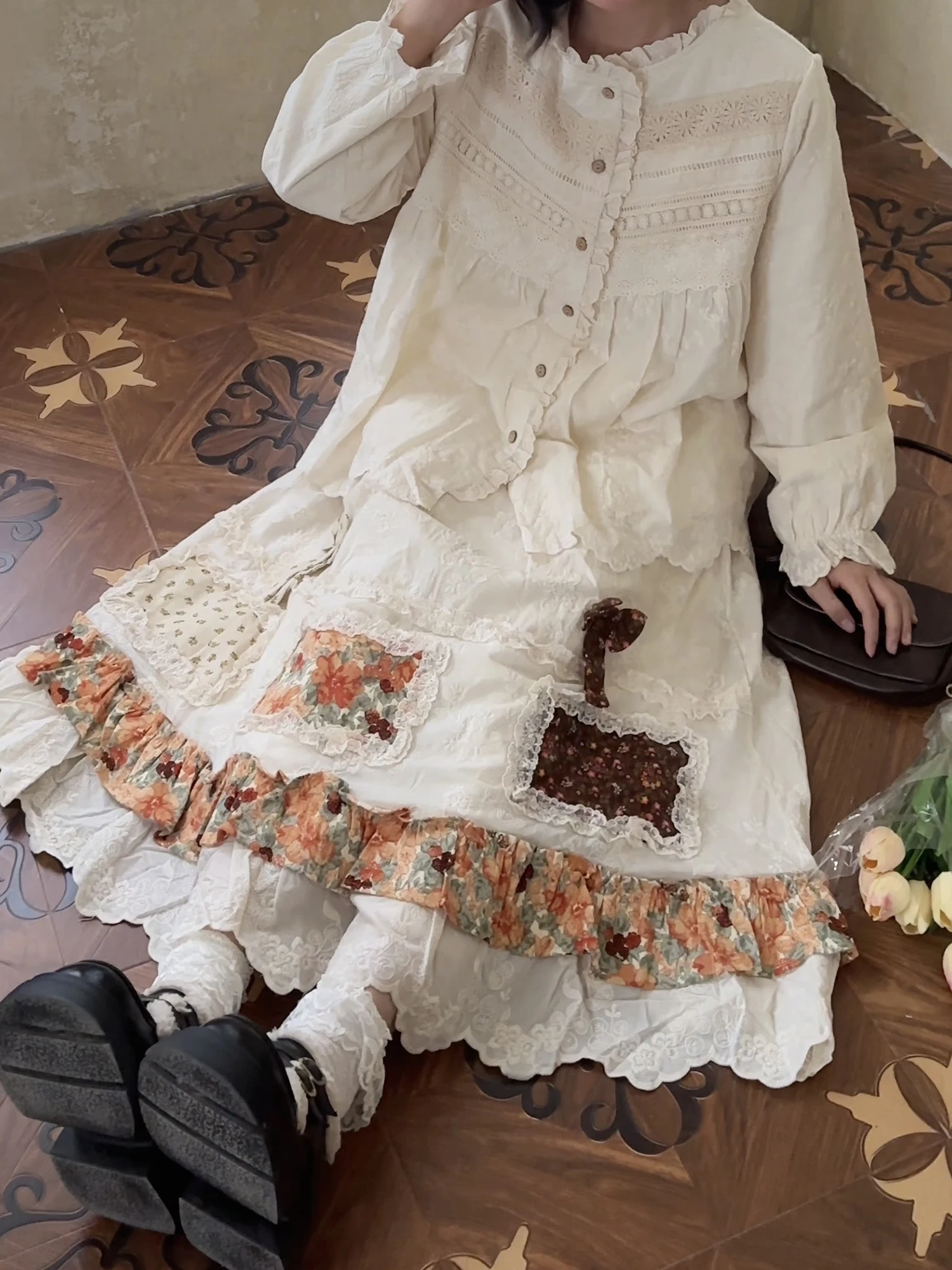 

Retro Country Sle Fce Lined Midi Skirt for Women White Lace Splicing Floral Print Gored A-Line Skirt High Waist Cotton