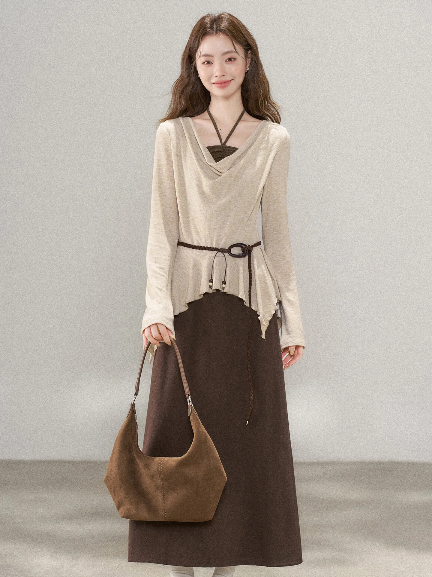 

Korean Sle Chic Women's Knitted Top And Skirt Set Autumn Winter New Arrival Asymmetrical Faion Ensemble High Waist Skirt
