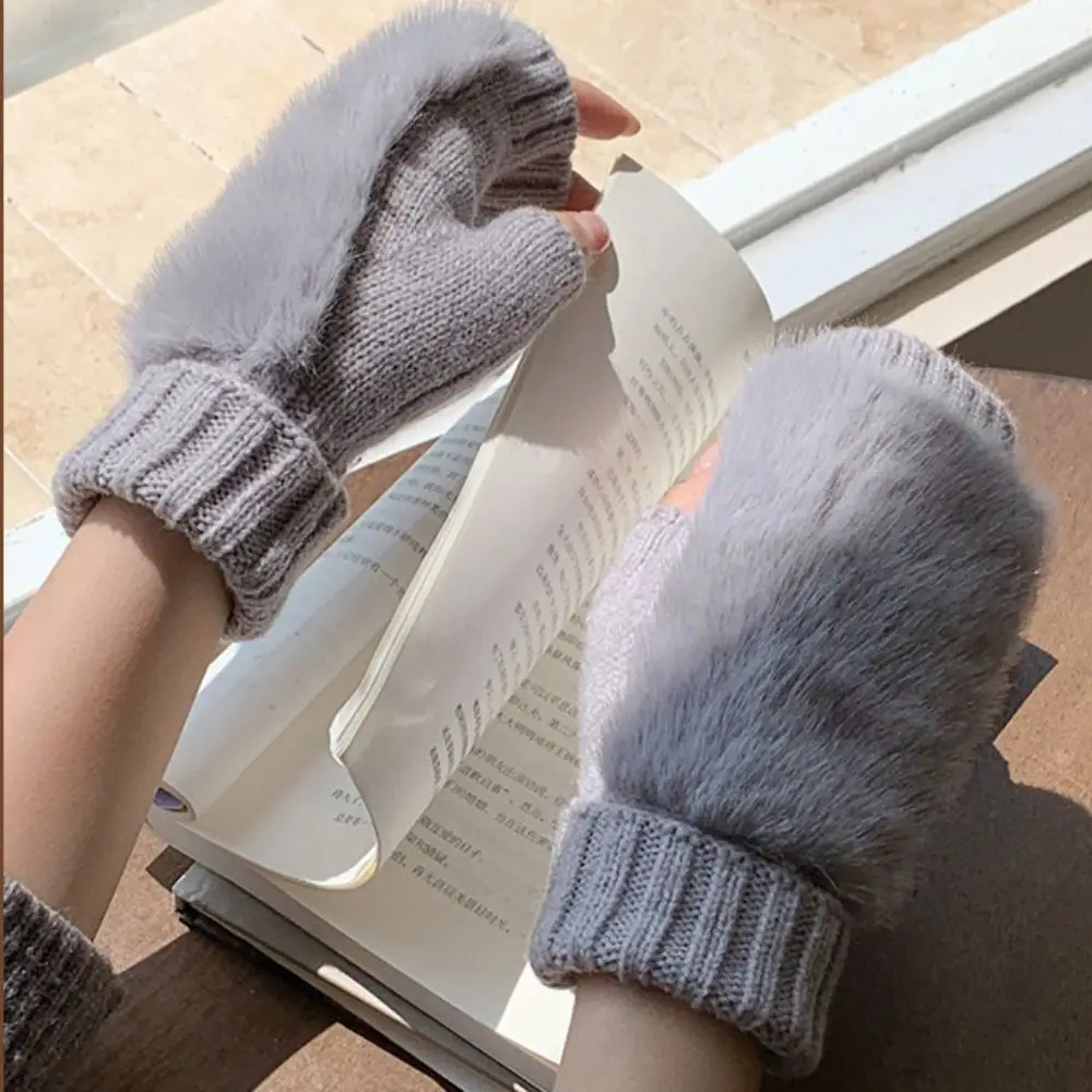Fashionable Warm Knitted Gloves Soft Windproof Gloves Faux Fur Touch Screen Half-Finger Gloves Writing