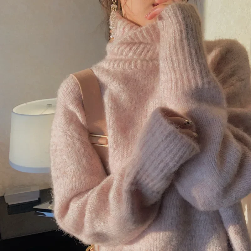 New Autumn Mohair Sweater Woman Turtleneck Long Sleeve Pink Sweet Knitted Jumper Female Korean Fashion Winter Sweaters White