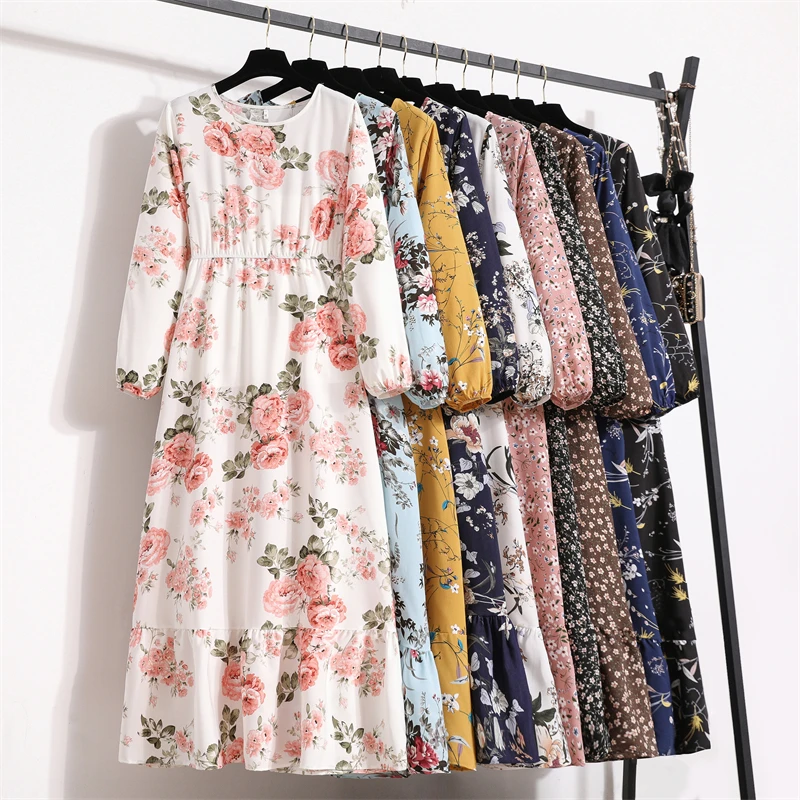 Spring Summer Women Maxi Dresses Office Lady Long Sleeve Floral Printed O-neck Woman Bohe Beach Party Long Dress Mujer Vestidos