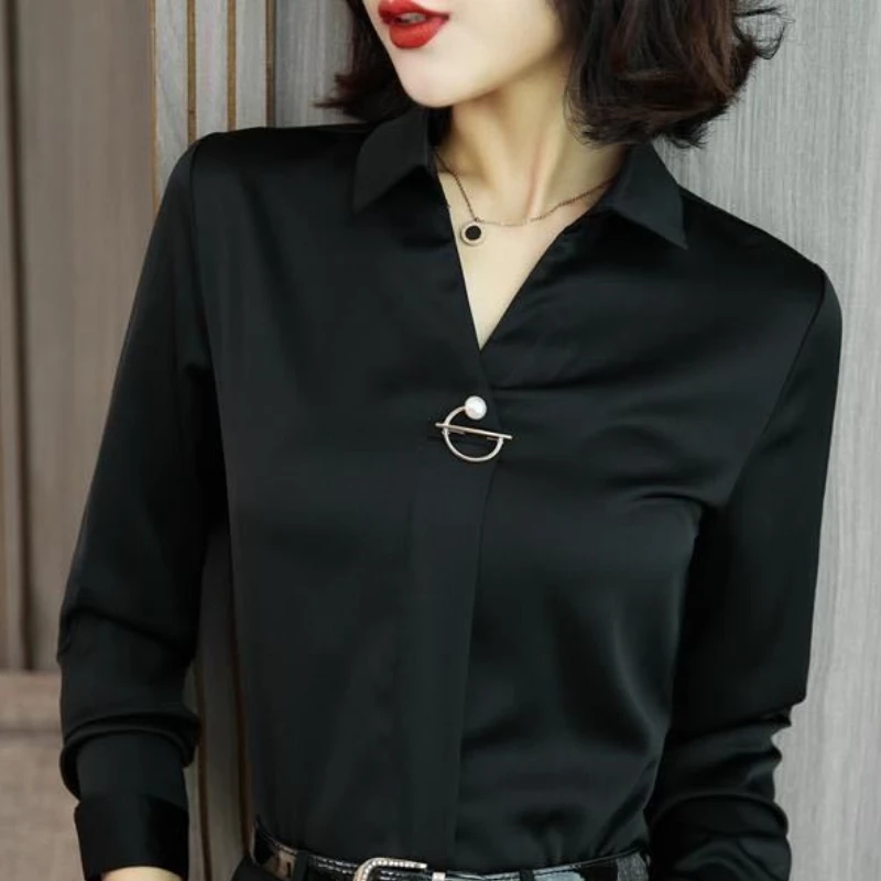 2024 New Spring and Autumn Commuter Minimalist Long Sleeve Chiffon Blouses Solid Color Polo Collar Button Women\'s Shirt Top