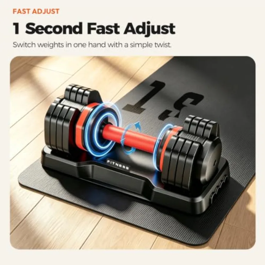 Home gym adjustable dumbbell set, steel with black matte finish, 5/10-in-1 twist-adjust design, non-slip handles, 90 space savi