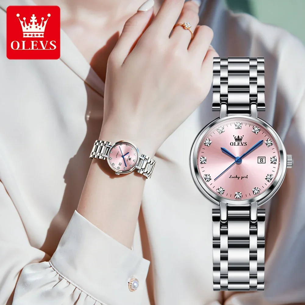 OLEVS 5575 Luxury Brand Silver Stainless Steel Women Watches Rhinestone Dial Calendar Waterproof Fashion Woman Quartz Wristwatch