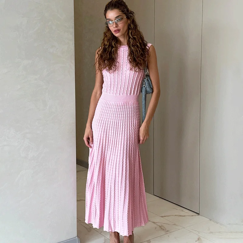 

Ticketsx Summer New Knit Long Dress Fashion Women's Solid Pleated Patchwork Slim Dress Vintage Commute Vacation Female Clothing