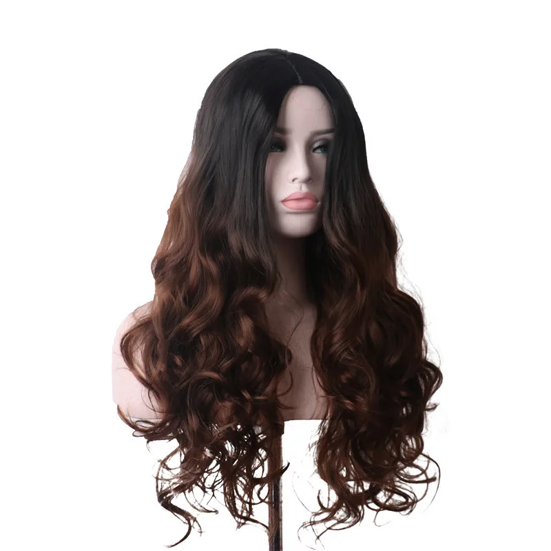 

European and American Gradient Brown Wig Middle Part Big Wave Wig Long Curly Hair for Women Synthetic High-Temperature Fiber Wig