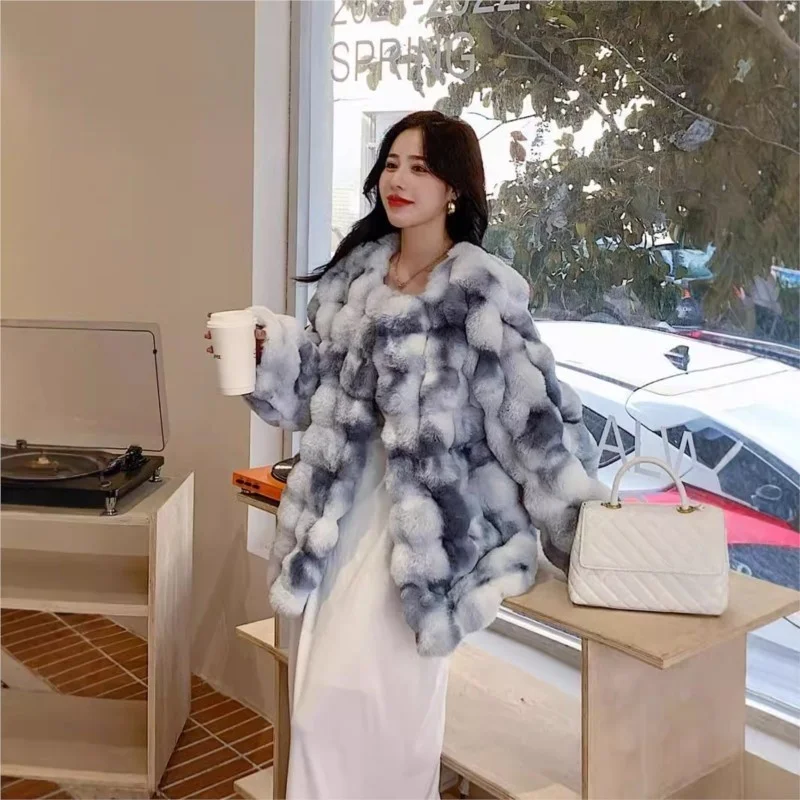 Nowy płaszcz damski z mieszanki futra i pluszu, luźny, z nadrukiem, puszysty, gruby, w stylu tie-dye.