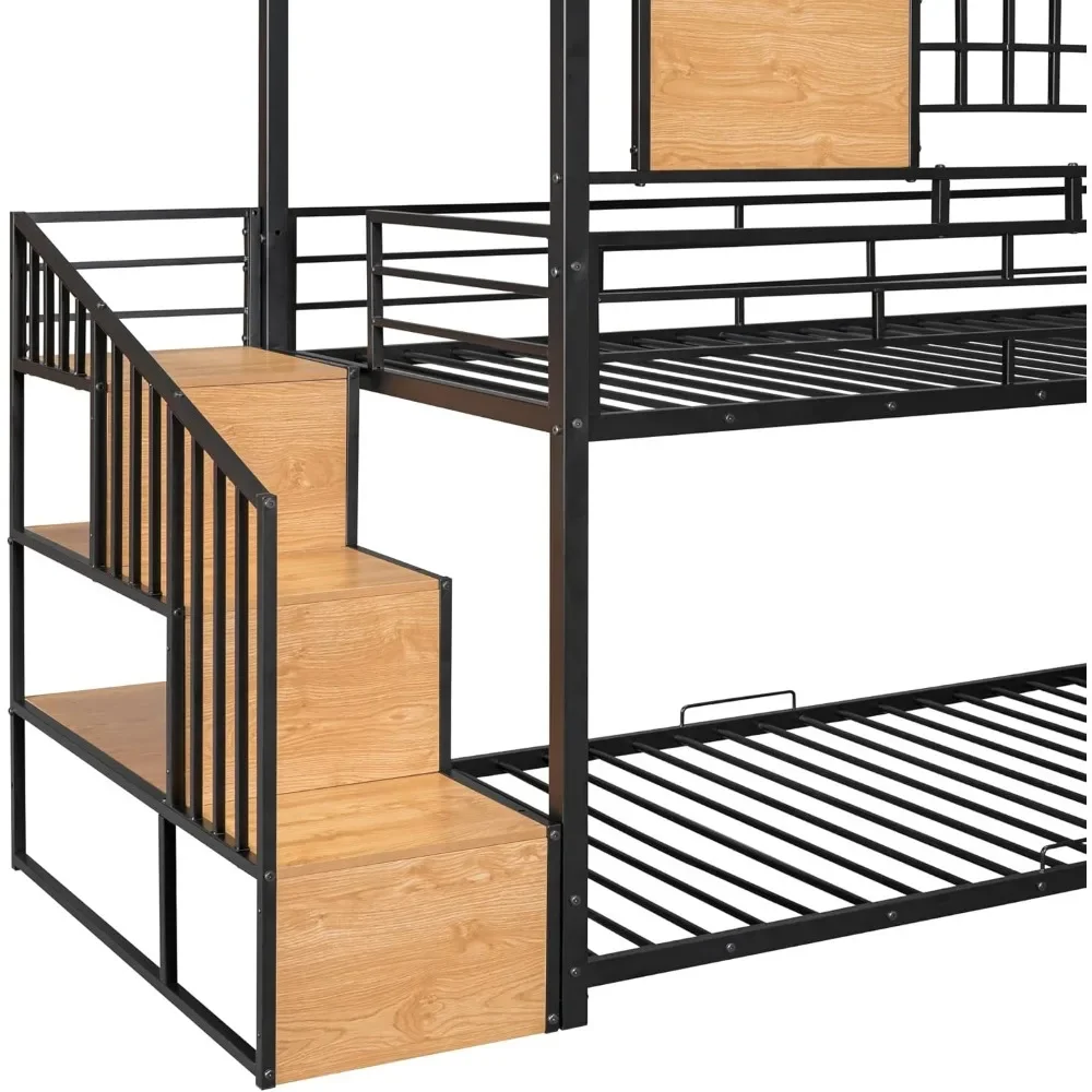 Litera de casa doble sobre doble, estructura de litera de metal con tobogán, escaleras y barandillas para niños, adolescentes, niñas, niños pequeños